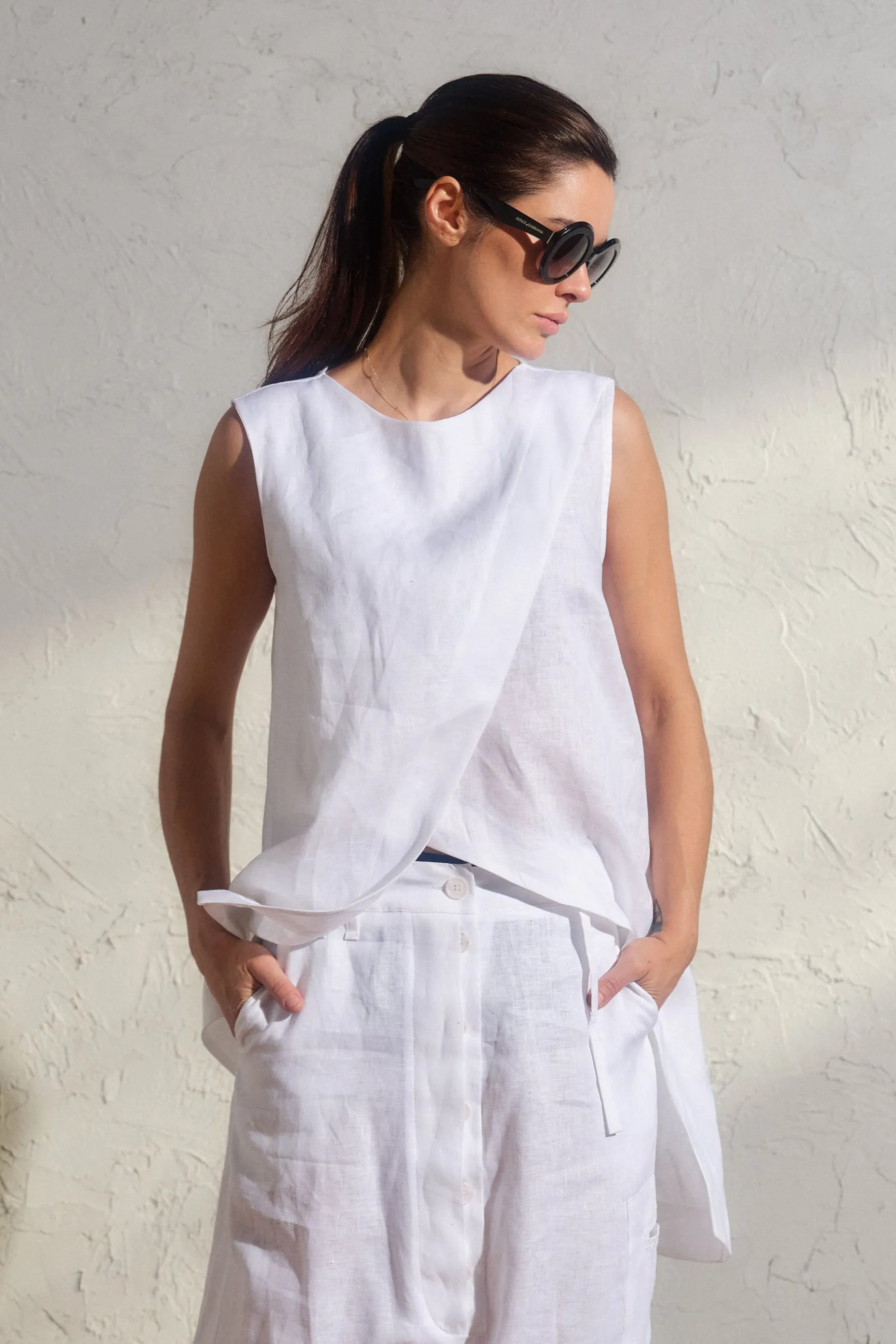 Asymmetrical white linen top