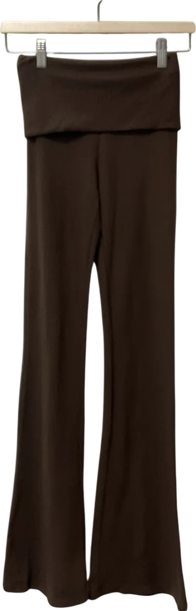 Bershka Brown Soft-touch Flared Trousers With Fold-over Waist UK XS