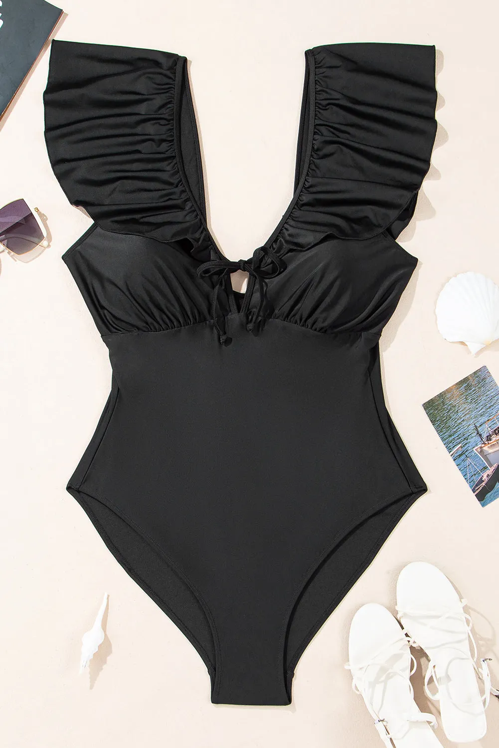 Black Ruffled Sleeve Lace-up V Neck Plus Size One Piece Swimsuit