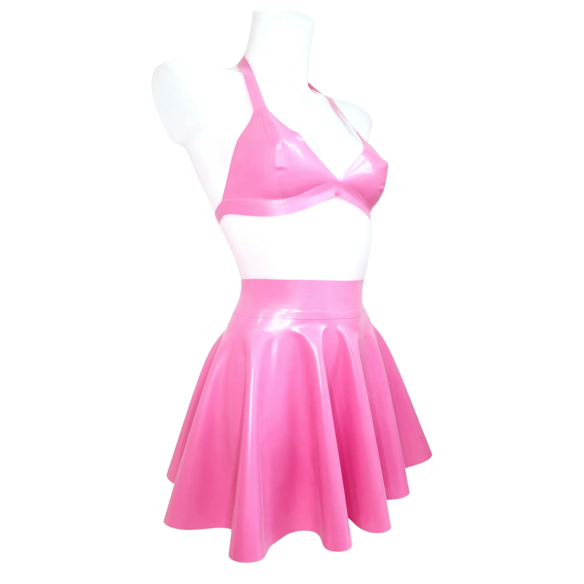 Bubblegum Pink Latex Bralette, Latex Skater Skirt & Knickers Set