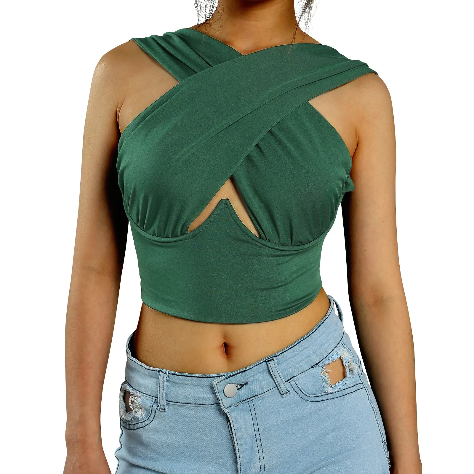 Cross Wrap Sleeveless Cut-Out Front Crop Top-Plus Sizes