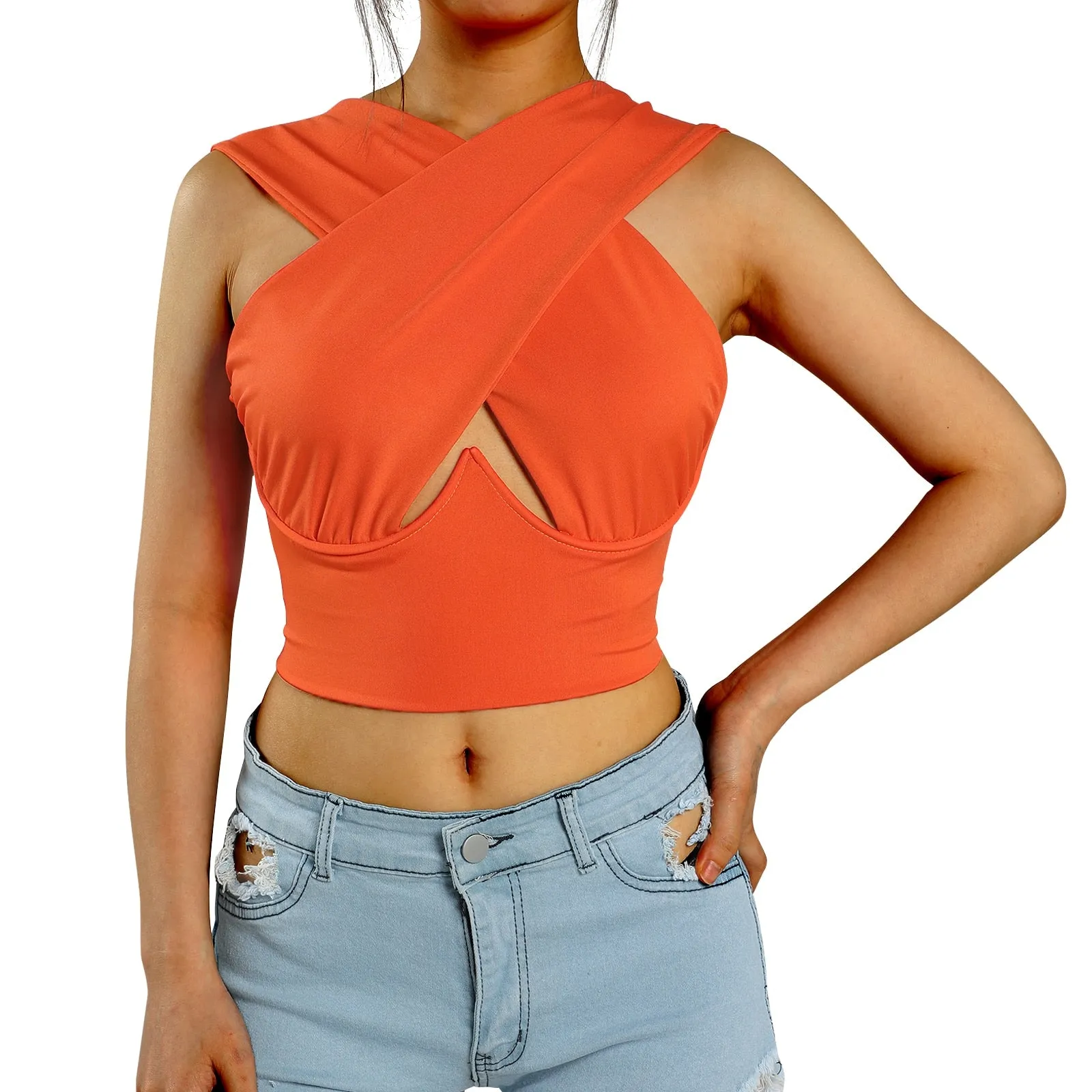 Cross Wrap Sleeveless Cut-Out Front Crop Top-Plus Sizes