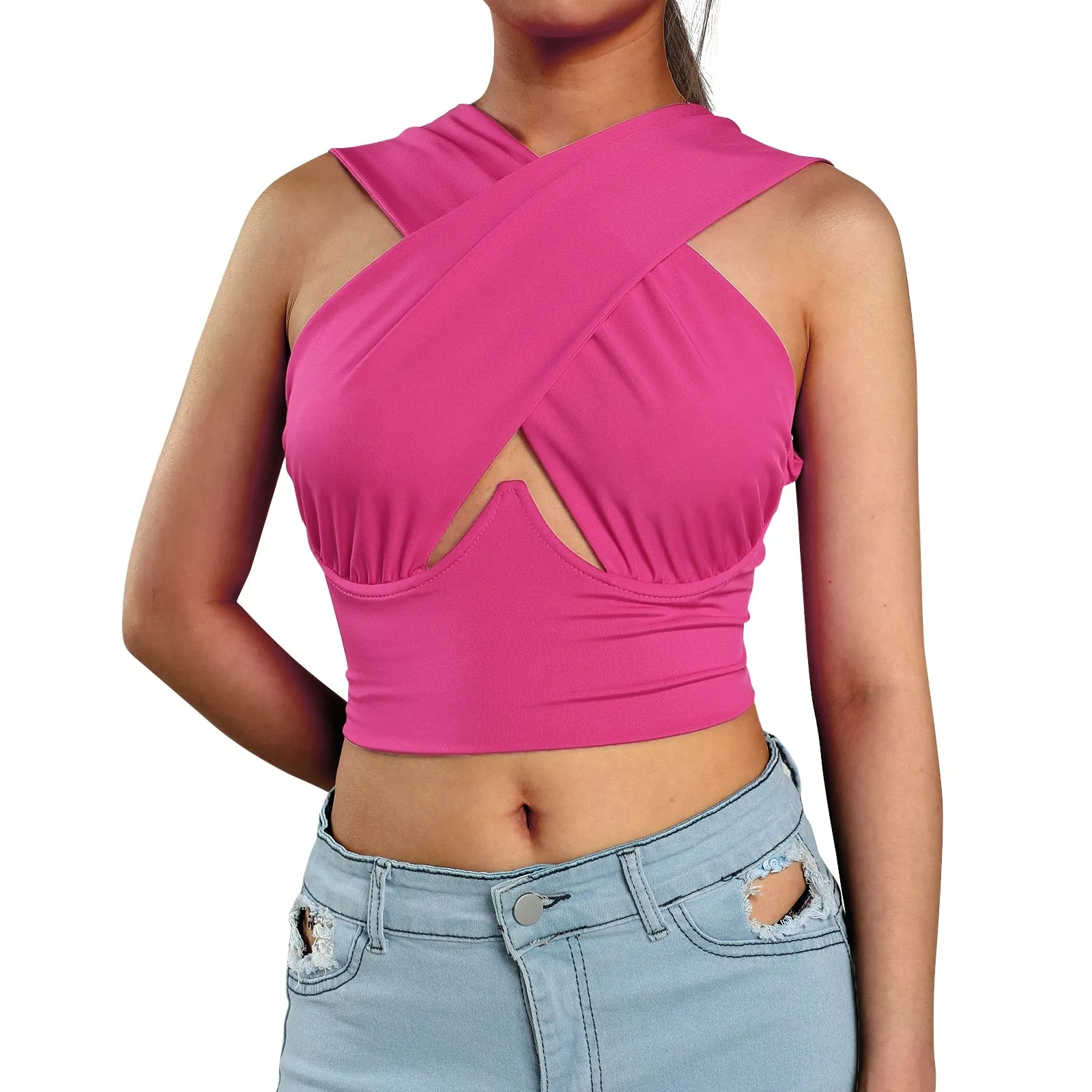 Cross Wrap Sleeveless Cut-Out Front Crop Top-Plus Sizes