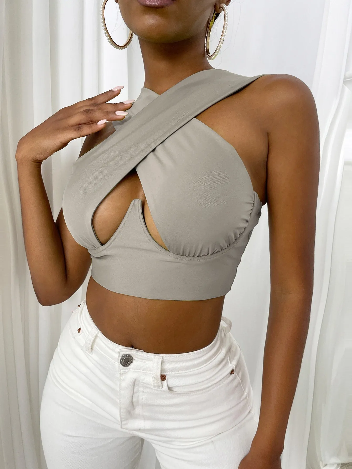 Cross Wrap Sleeveless Cut-Out Front Crop Top-Plus Sizes