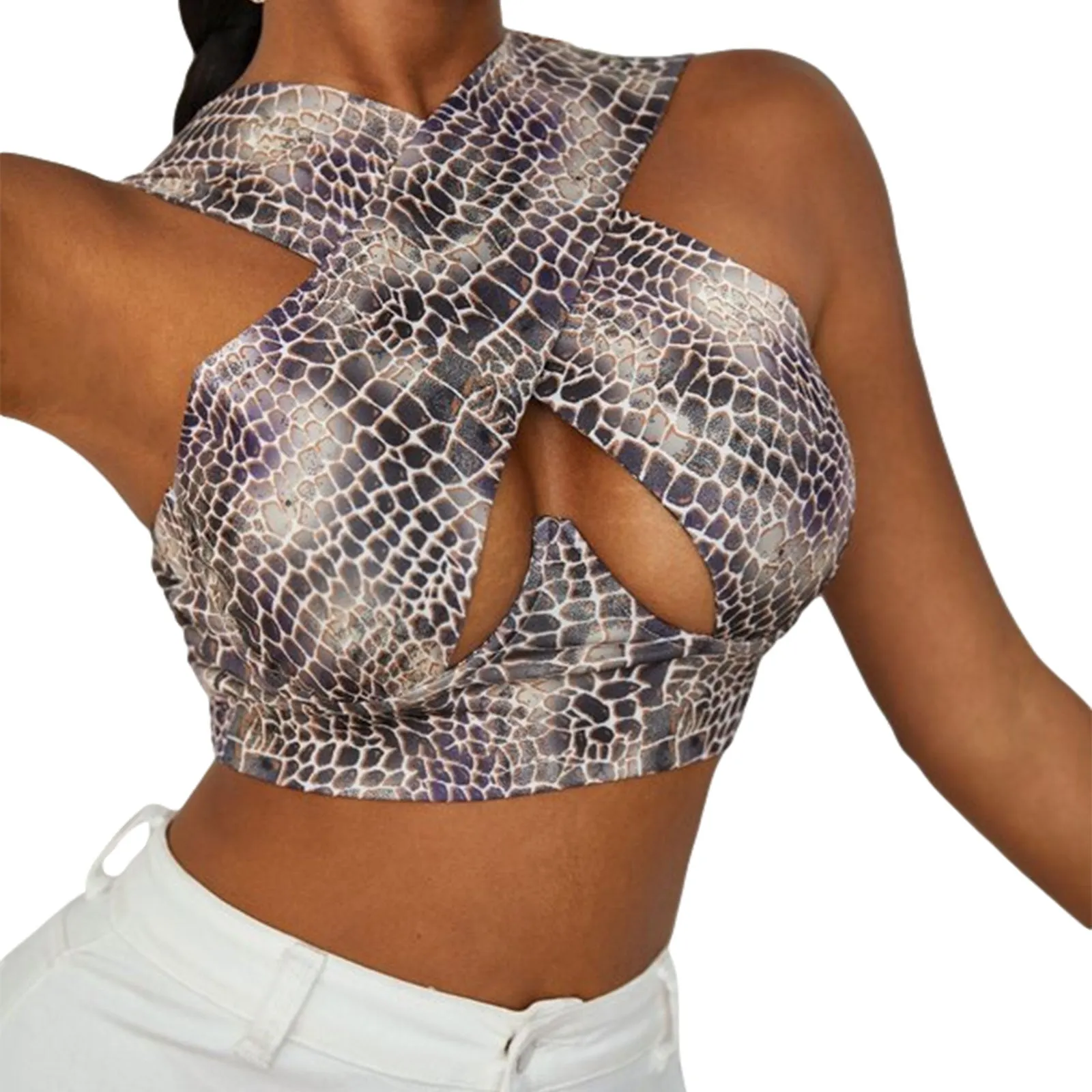 Cross Wrap Sleeveless Cut-Out Front Crop Top-Plus Sizes