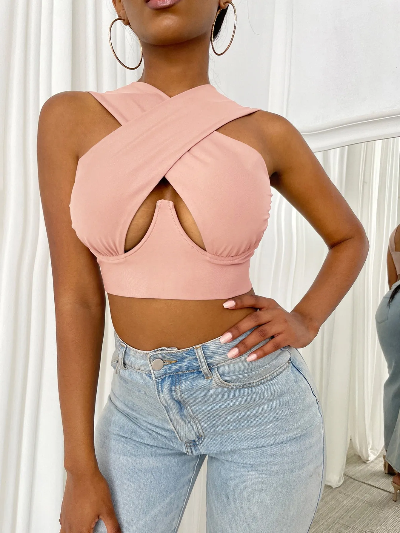 Cross Wrap Sleeveless Cut-Out Front Crop Top-Plus Sizes