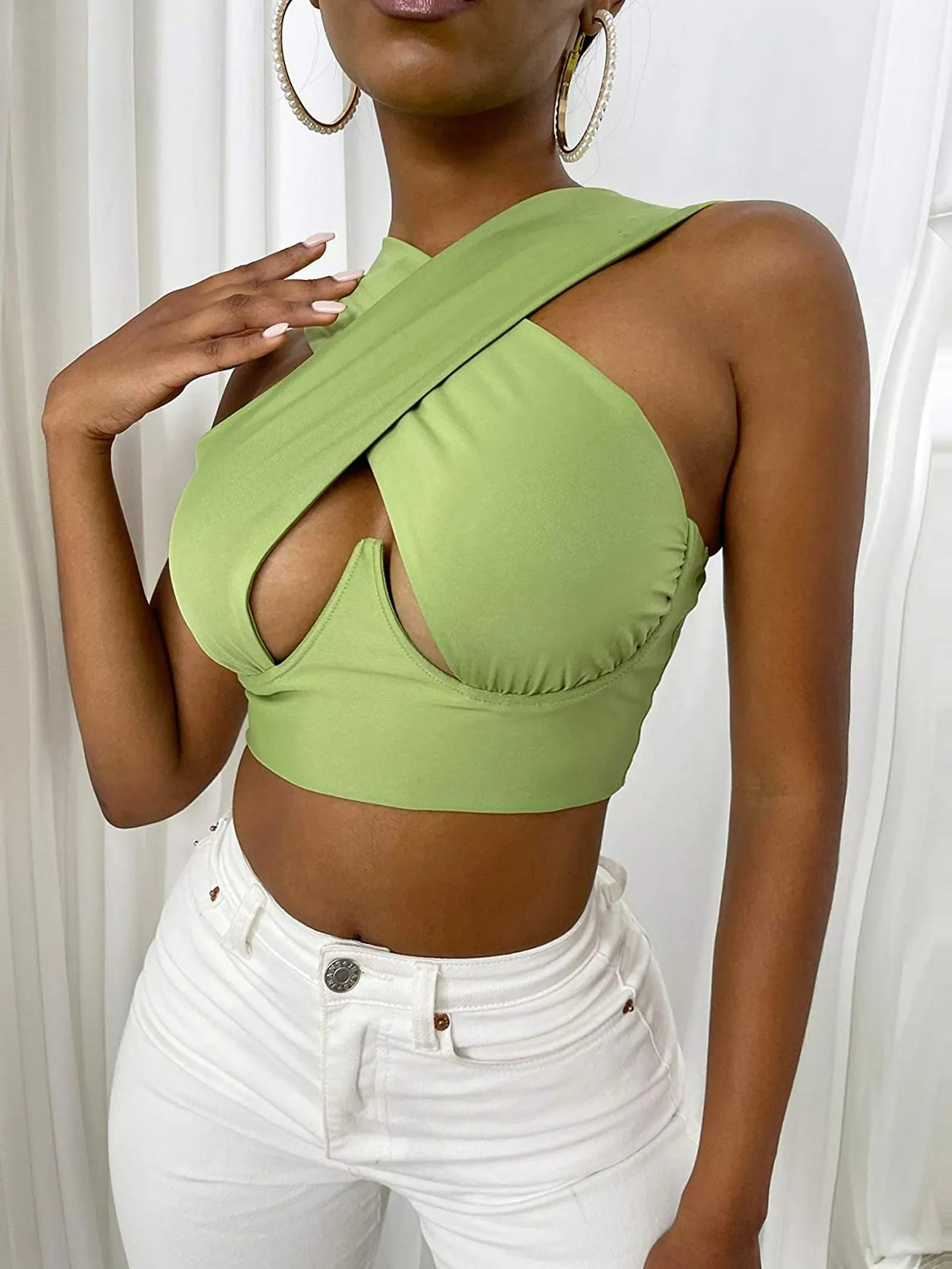 Cross Wrap Sleeveless Cut-Out Front Crop Top-Plus Sizes