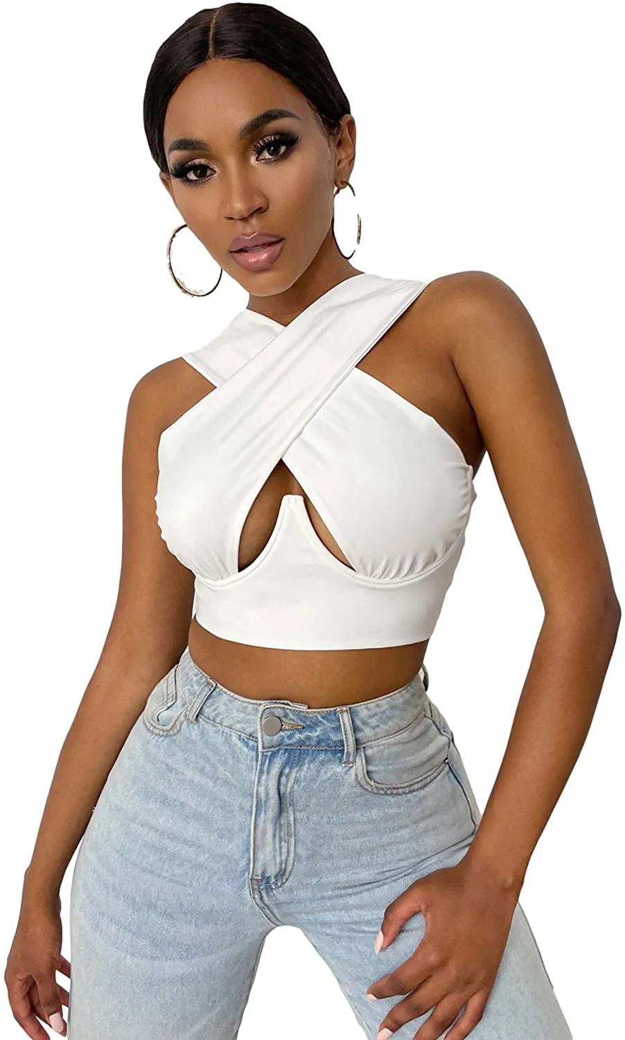 Cross Wrap Sleeveless Cut-Out Front Crop Top-Plus Sizes