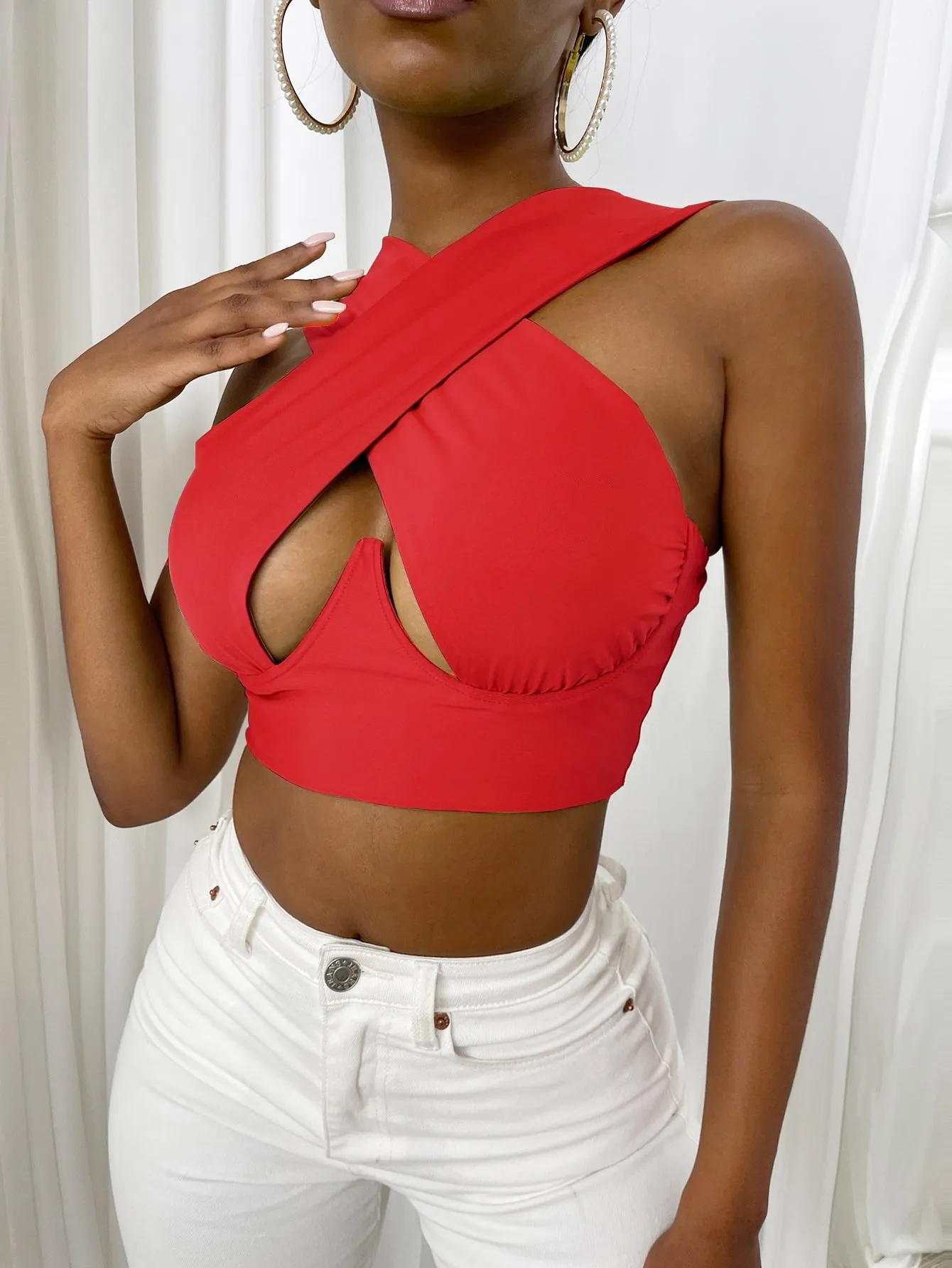 Cross Wrap Sleeveless Cut-Out Front Crop Top-Plus Sizes