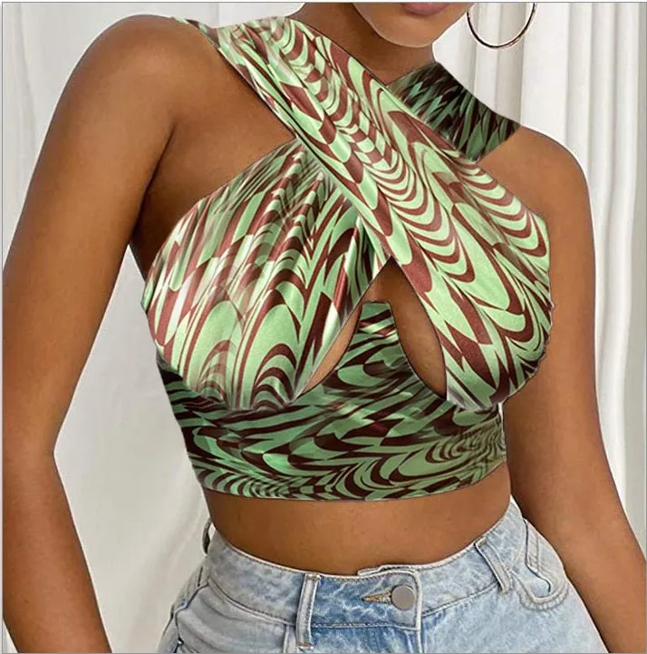 Cross Wrap Sleeveless Cut-Out Front Crop Top-Plus Sizes