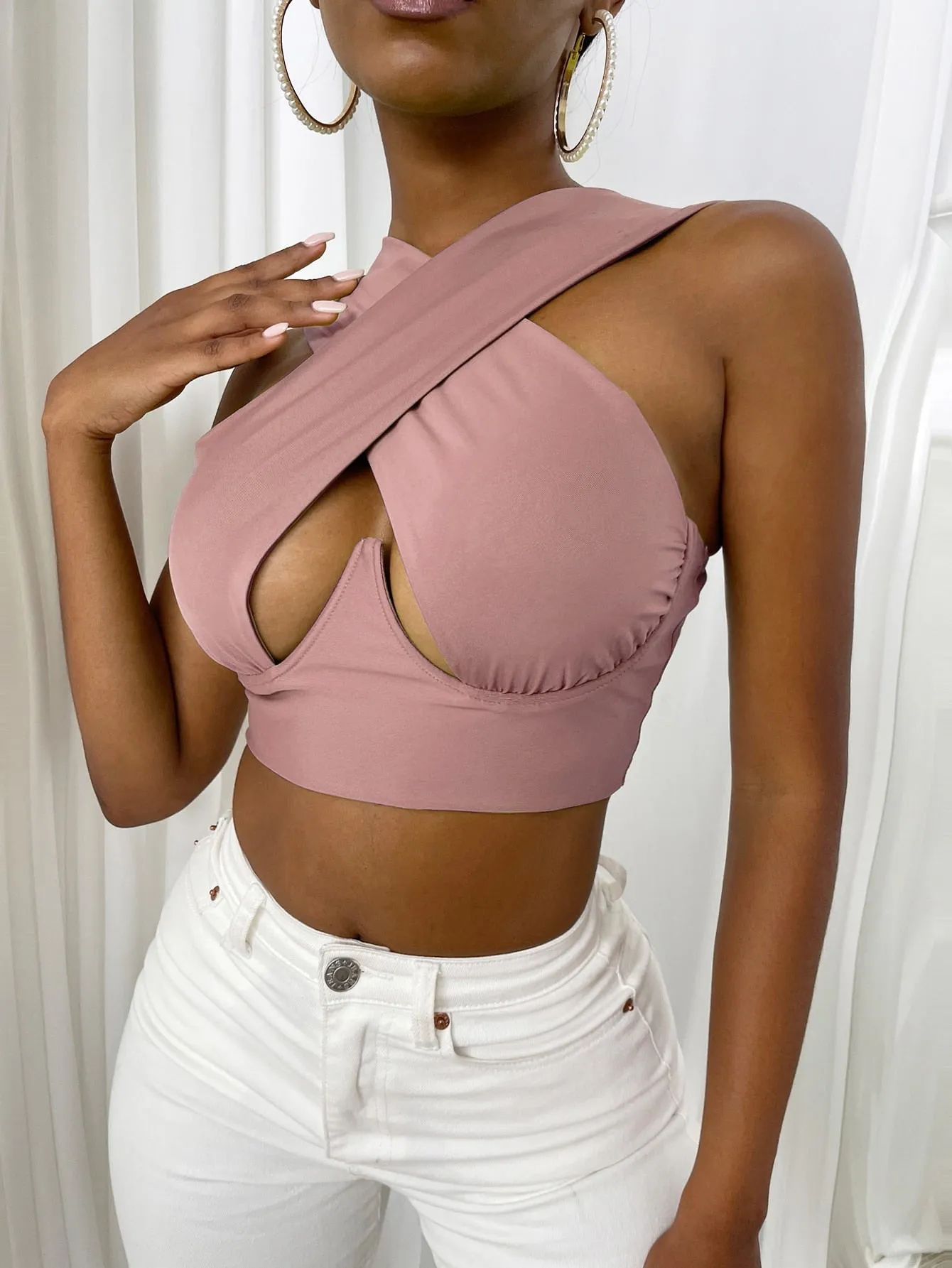 Cross Wrap Sleeveless Cut-Out Front Crop Top-Plus Sizes