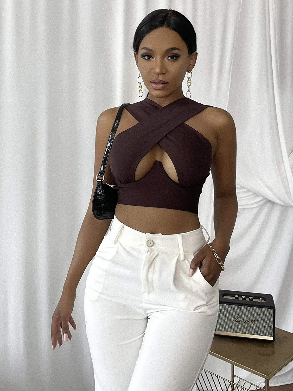 Cross Wrap Sleeveless Cut-Out Front Crop Top-Plus Sizes
