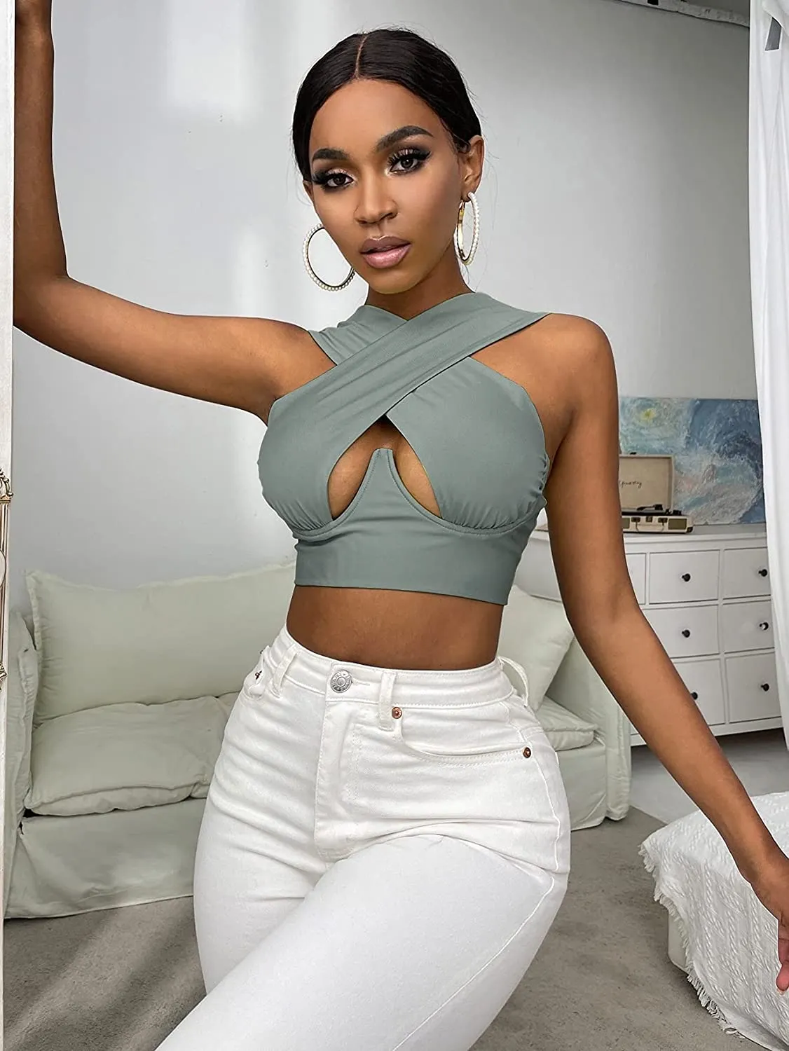 Cross Wrap Sleeveless Cut-Out Front Crop Top-Plus Sizes