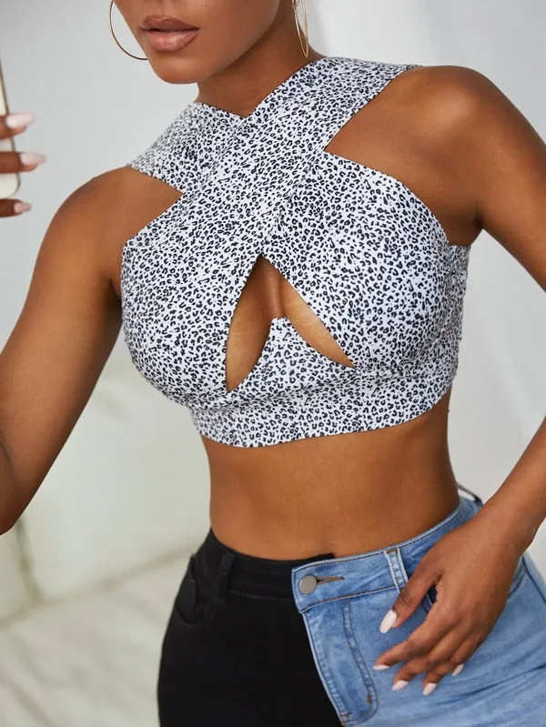 Cross Wrap Sleeveless Cut-Out Front Crop Top-Plus Sizes
