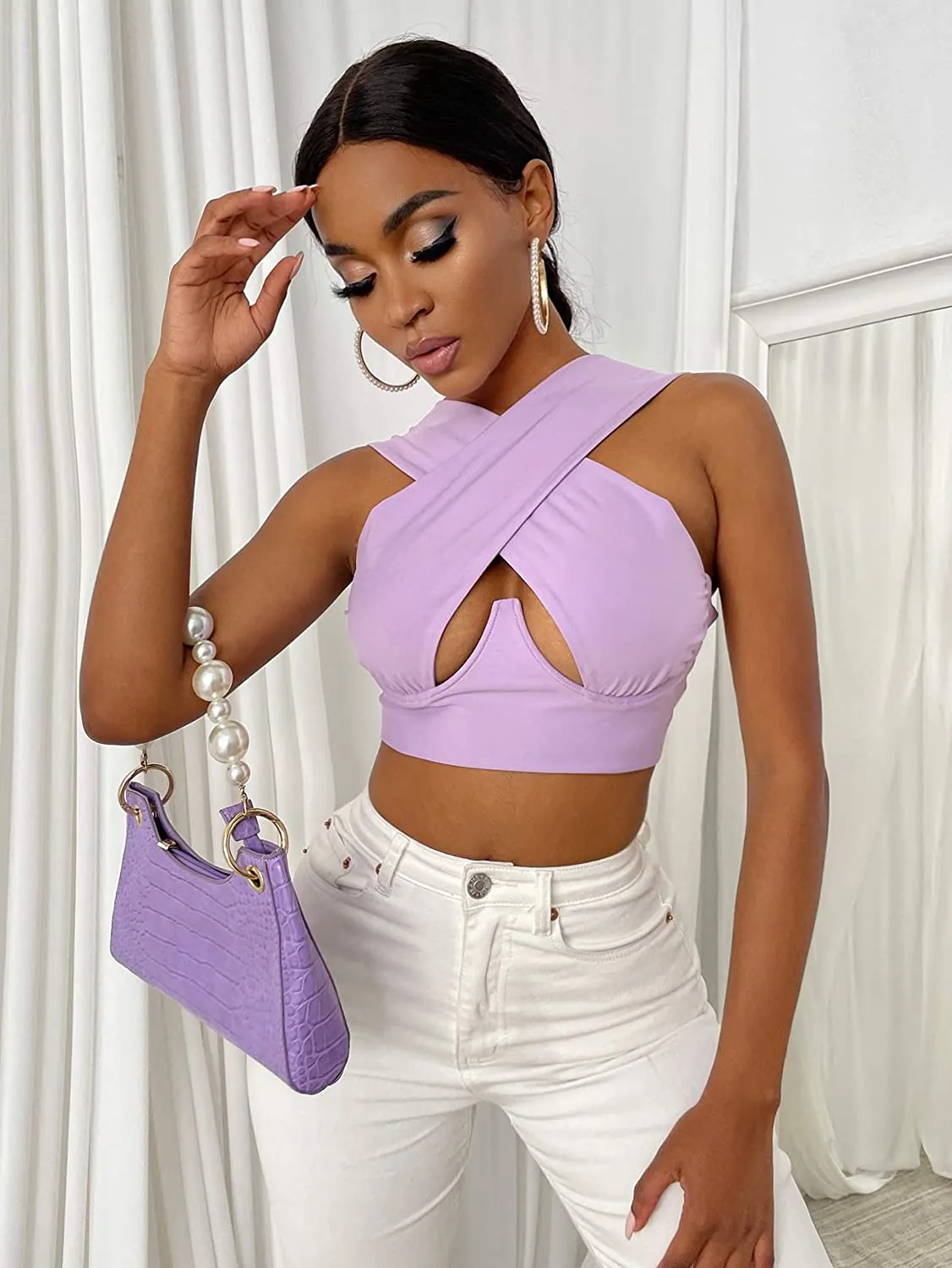 Cross Wrap Sleeveless Cut-Out Front Crop Top-Plus Sizes