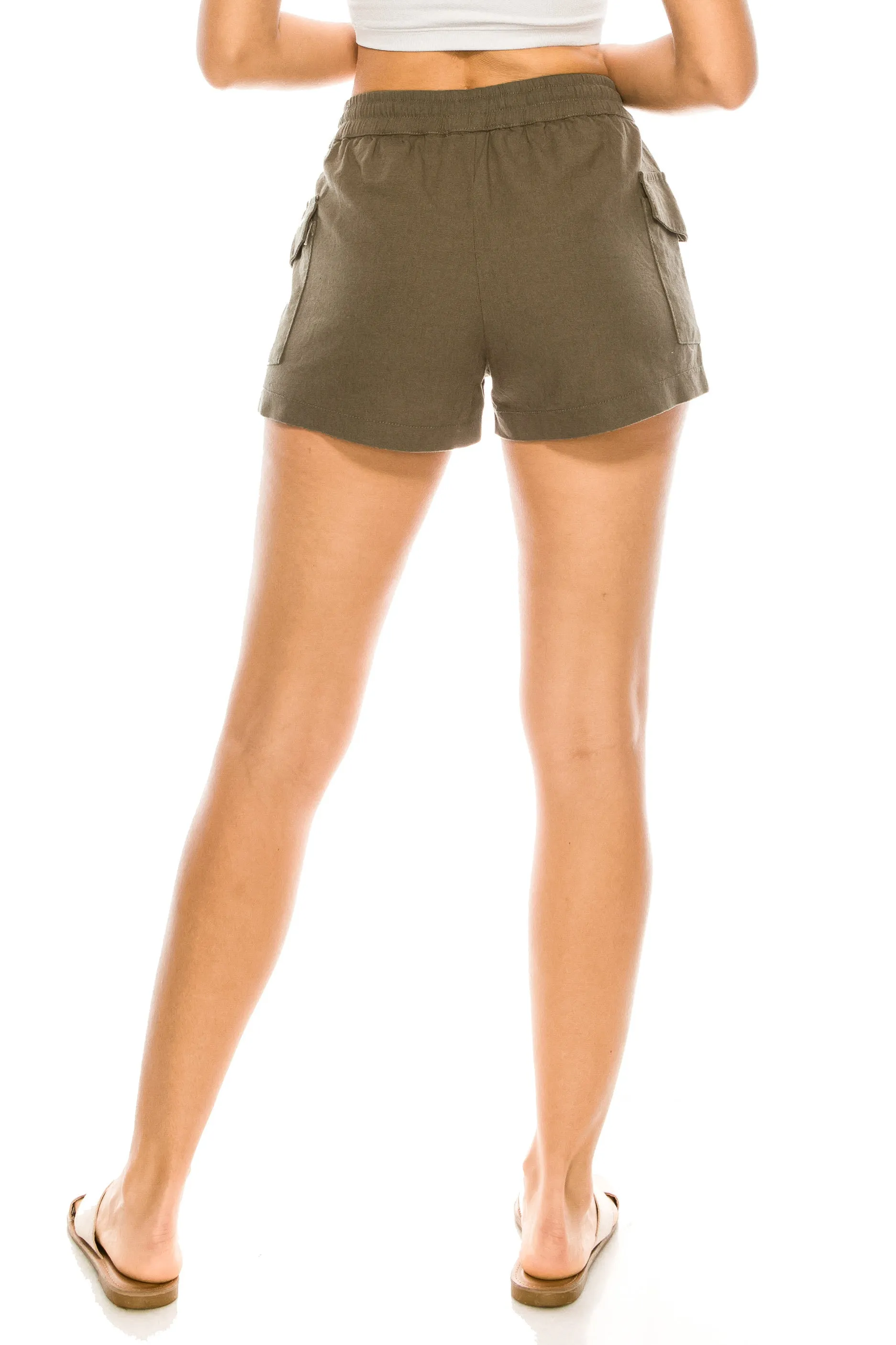 Drawstring Cargo Linen Shorts - Light Olive