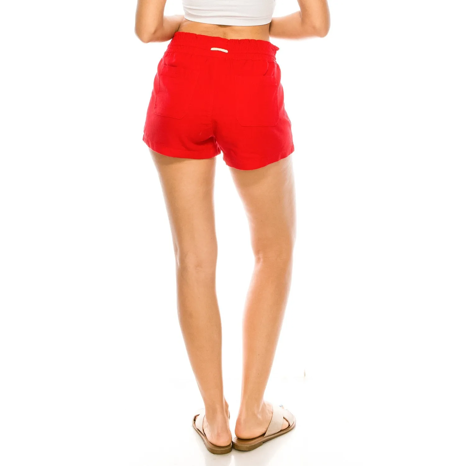 Drawstring Linen Shorts - Red