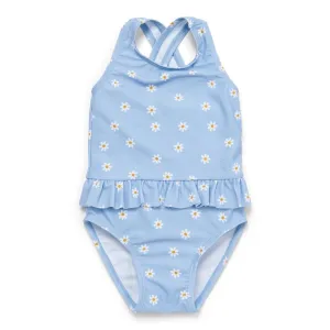 Girls Swimsuit Ruffles Blue Daisies
