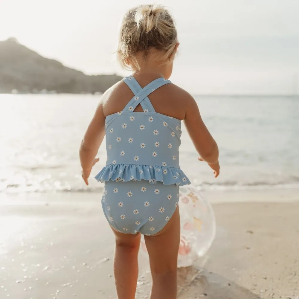 Girls Swimsuit Ruffles Blue Daisies