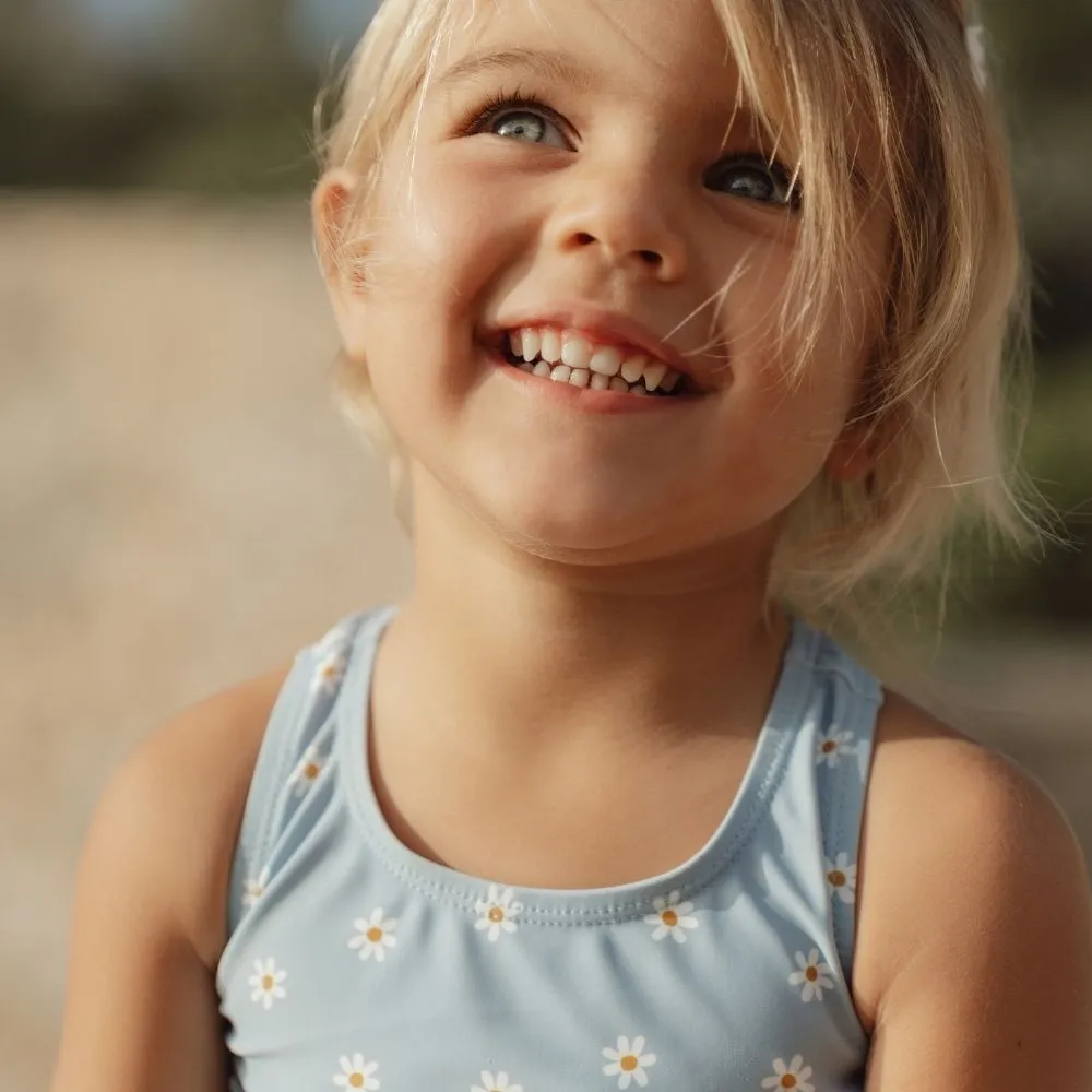 Girls Swimsuit Ruffles Blue Daisies