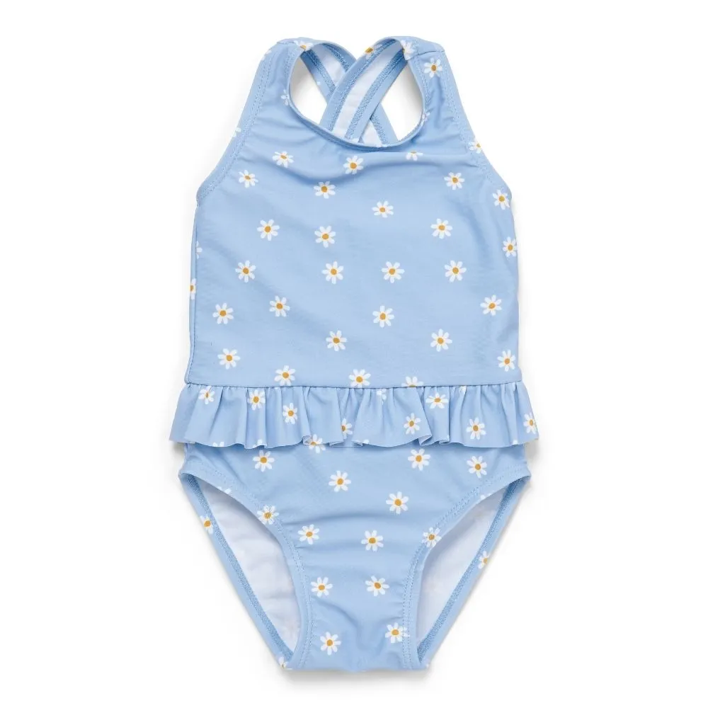Girls Swimsuit Ruffles Blue Daisies