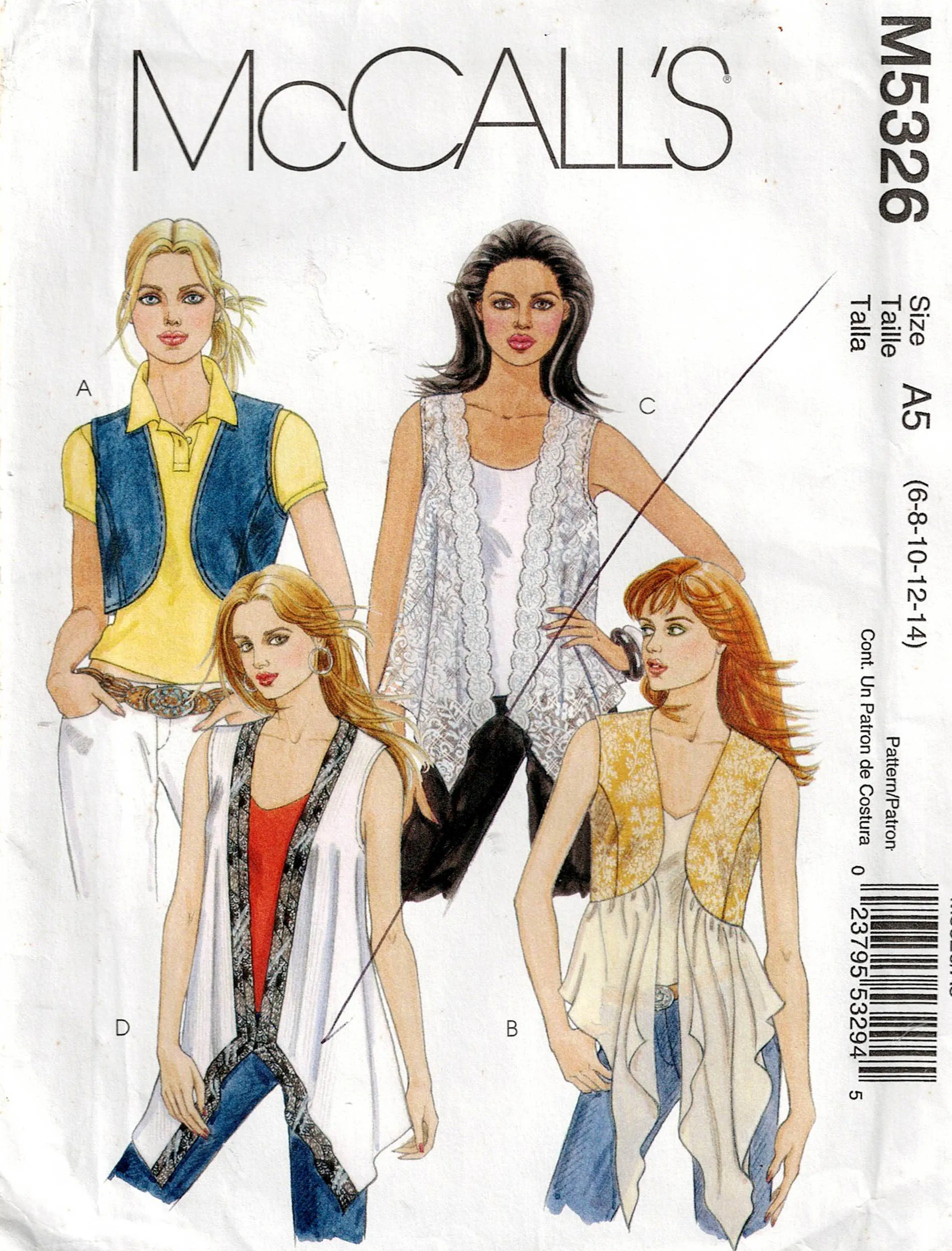 McCall's M5326 Womens Lined & Unlined Draped Vests Out Of Print Sewing Pattern Sizes 6 - 14 UNCUT Factory Folded