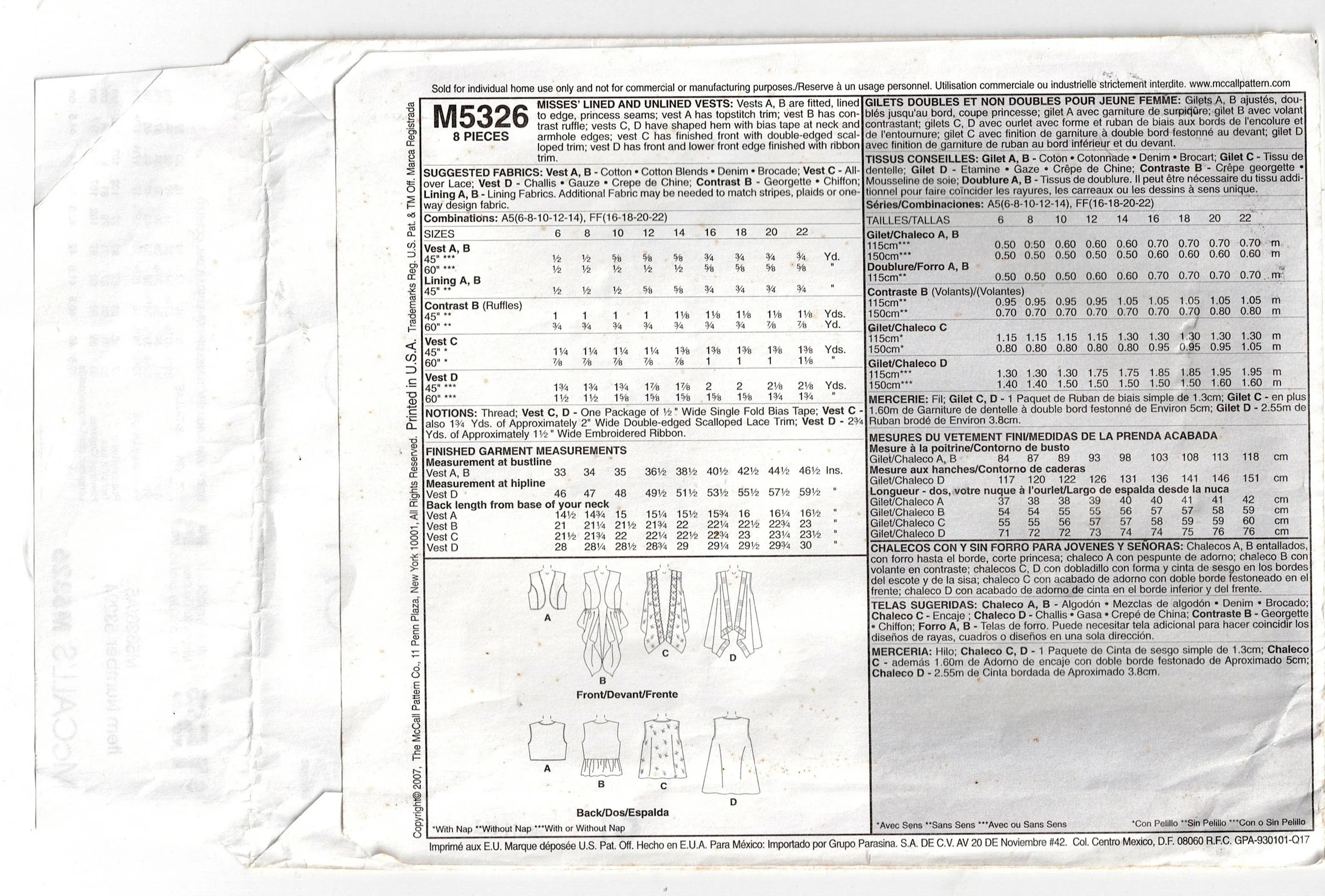 McCall's M5326 Womens Lined & Unlined Draped Vests Out Of Print Sewing Pattern Sizes 6 - 14 UNCUT Factory Folded