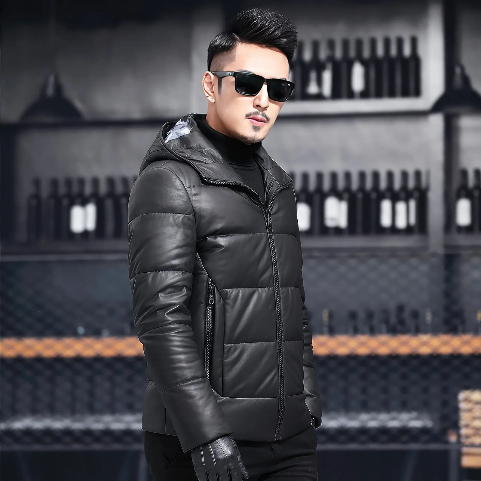 Men’s Black Genuine Sheepskin Hooded Winter Warm Thick Casual Baggy Padded Puffer Lightweight Insulated Parka Leather Jacket