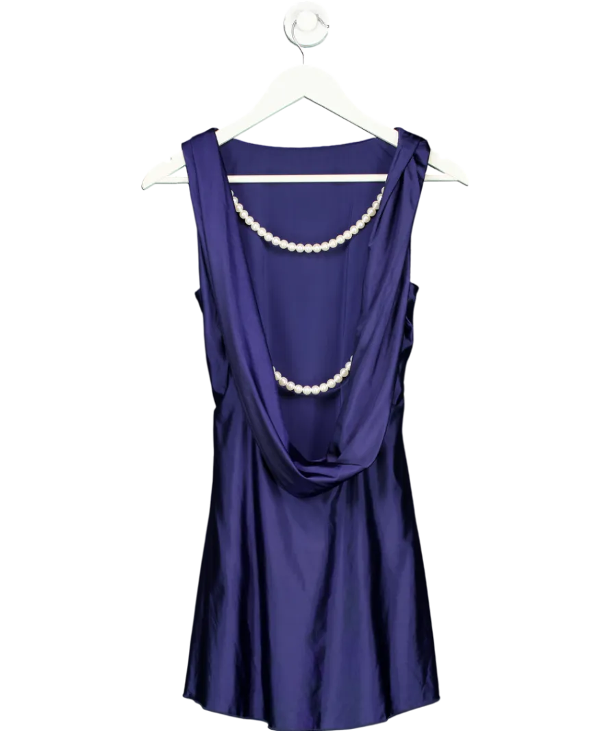 Oh Polly Blue Monnie  Draped Pearl Detail Open-back A-line Mini Dress In True Navy UK 6