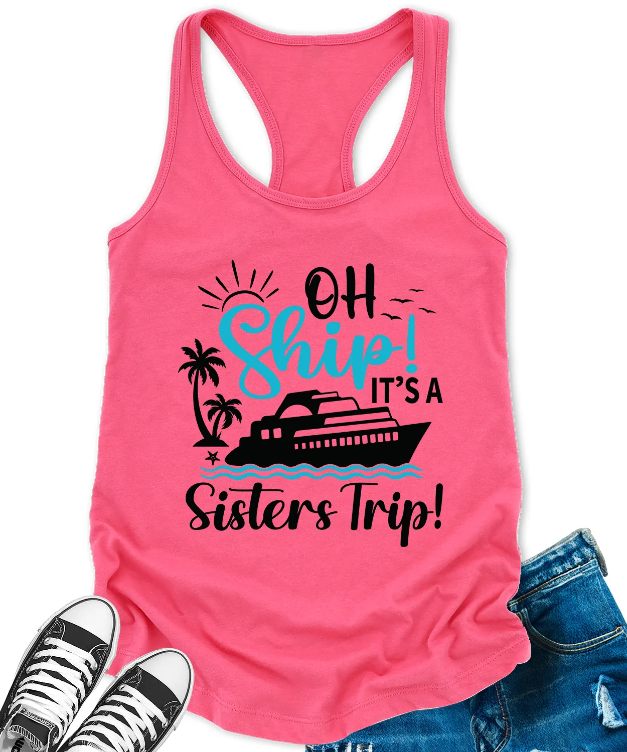 Oh Ship Its A Sisters Trip Cruise Tank Tops for Women Letter Print Sleeveless Summer Racerback Top