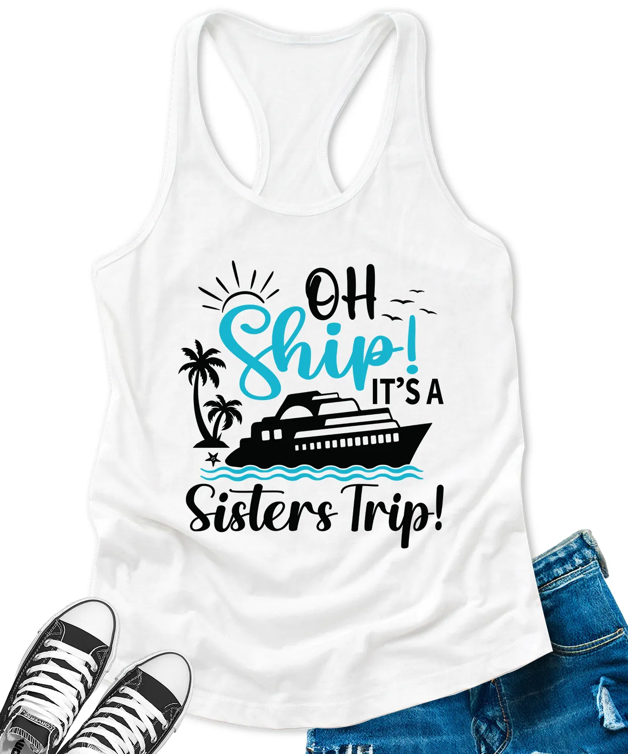 Oh Ship Its A Sisters Trip Cruise Tank Tops for Women Letter Print Sleeveless Summer Racerback Top