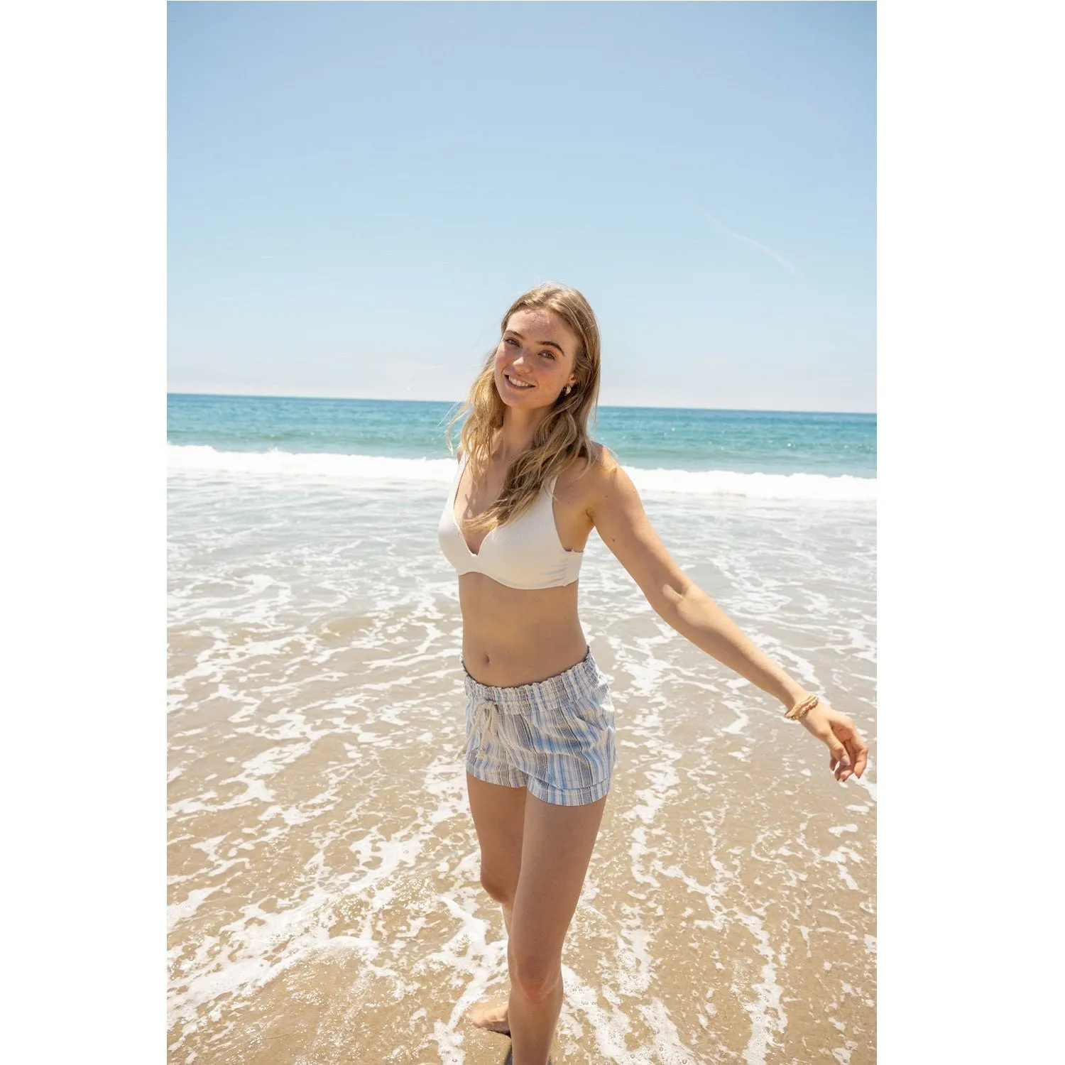 Printed Drawstring Linen Shorts - Light Blue Multi