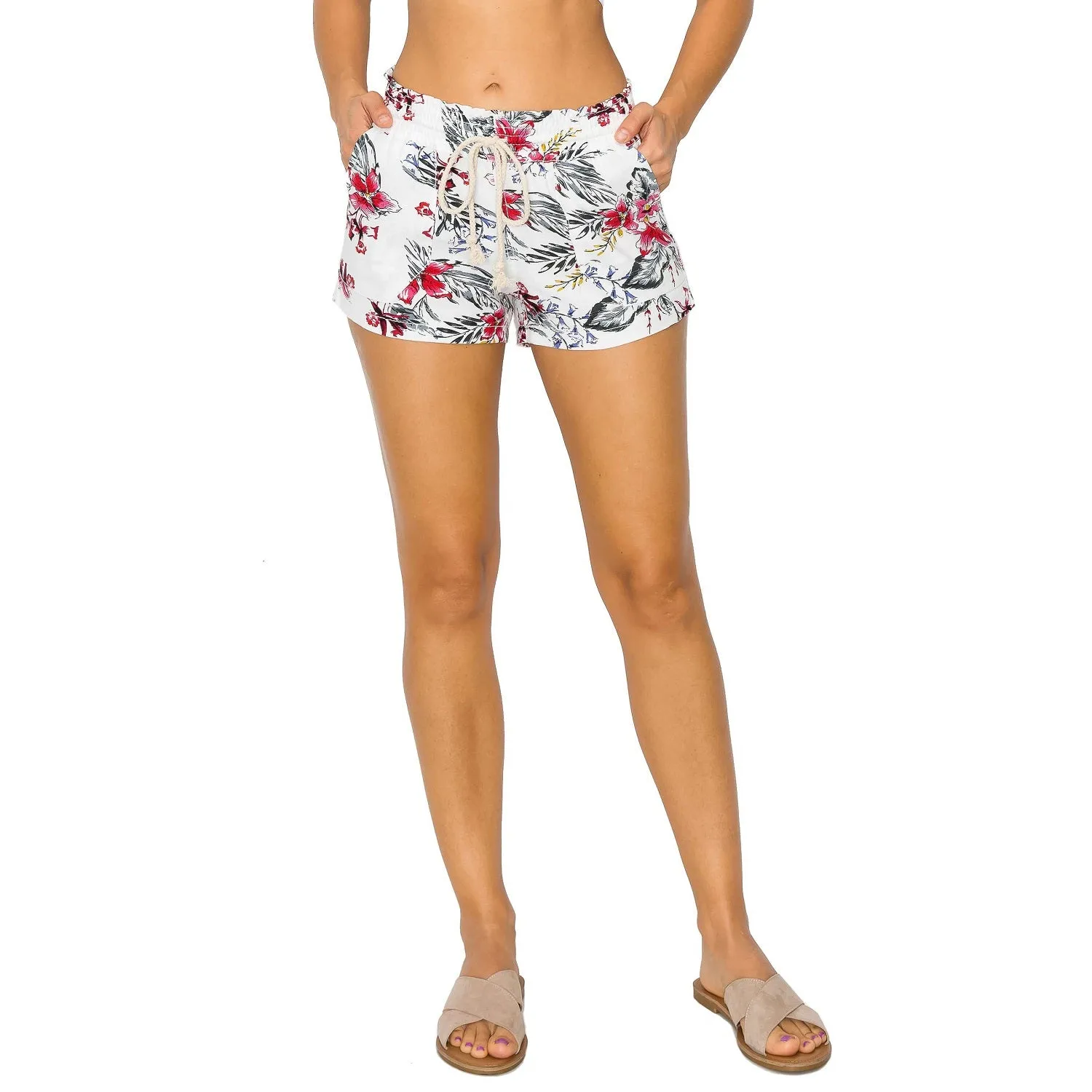 Printed Drawstring Linen Shorts - White Floral