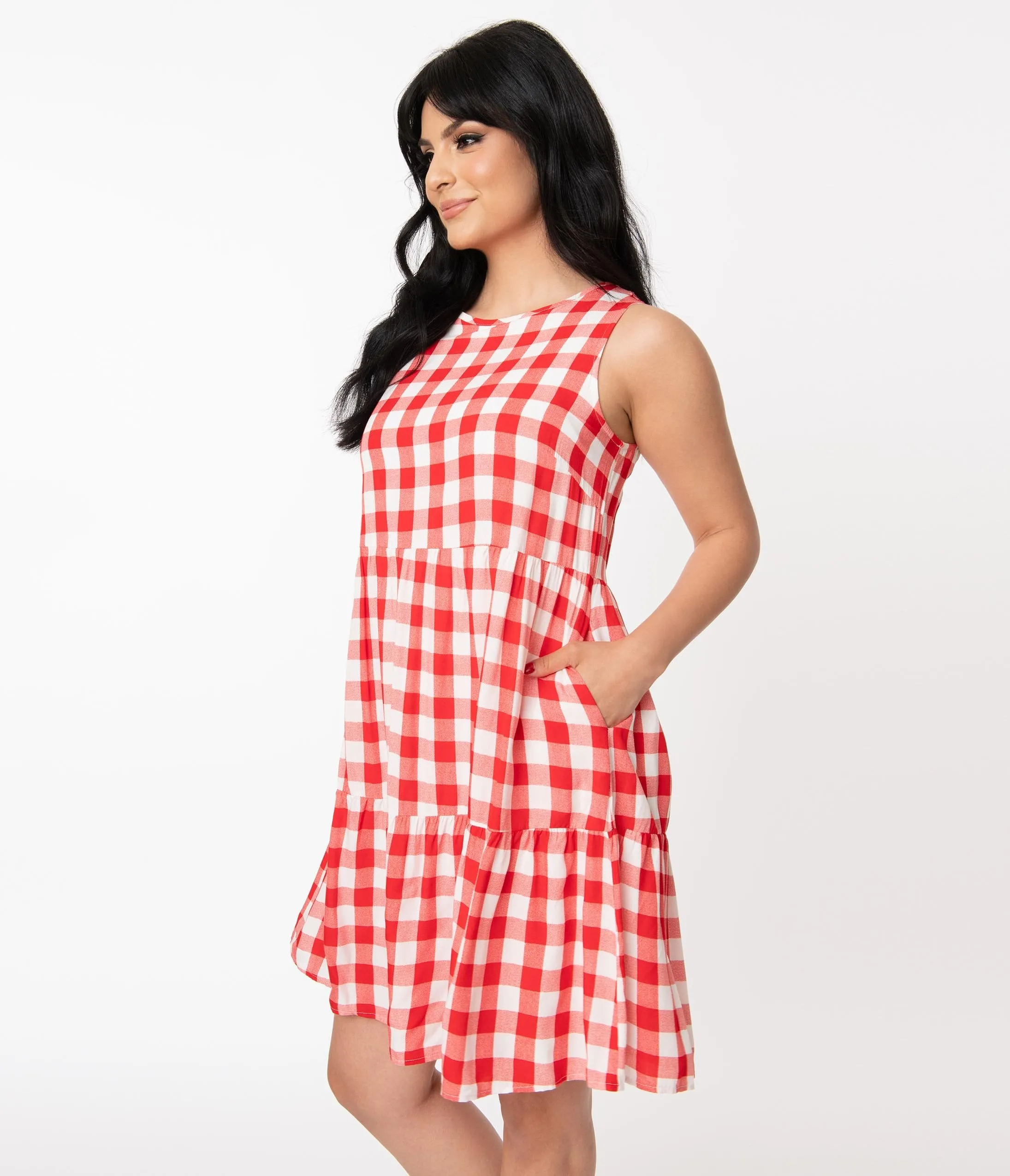 Red & White Gingham Casual Tunic Dress