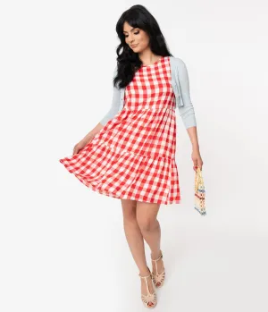 Red & White Gingham Casual Tunic Dress