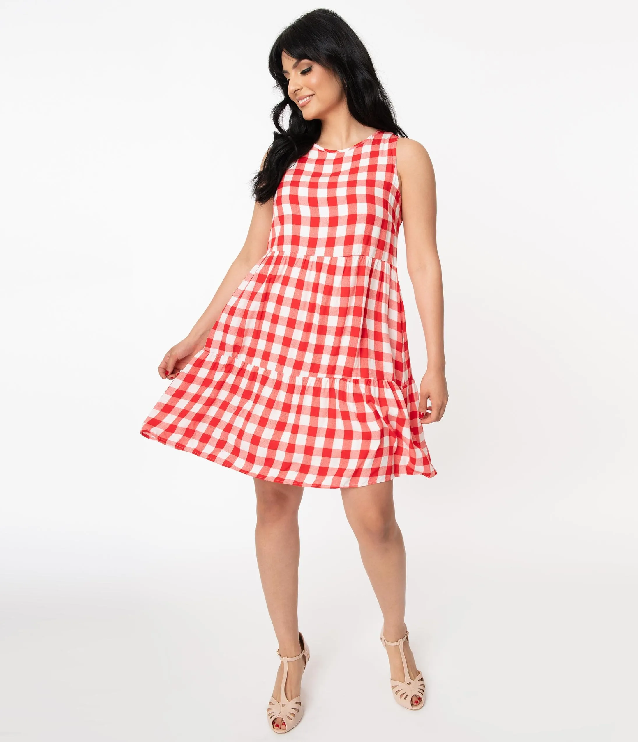 Red & White Gingham Casual Tunic Dress