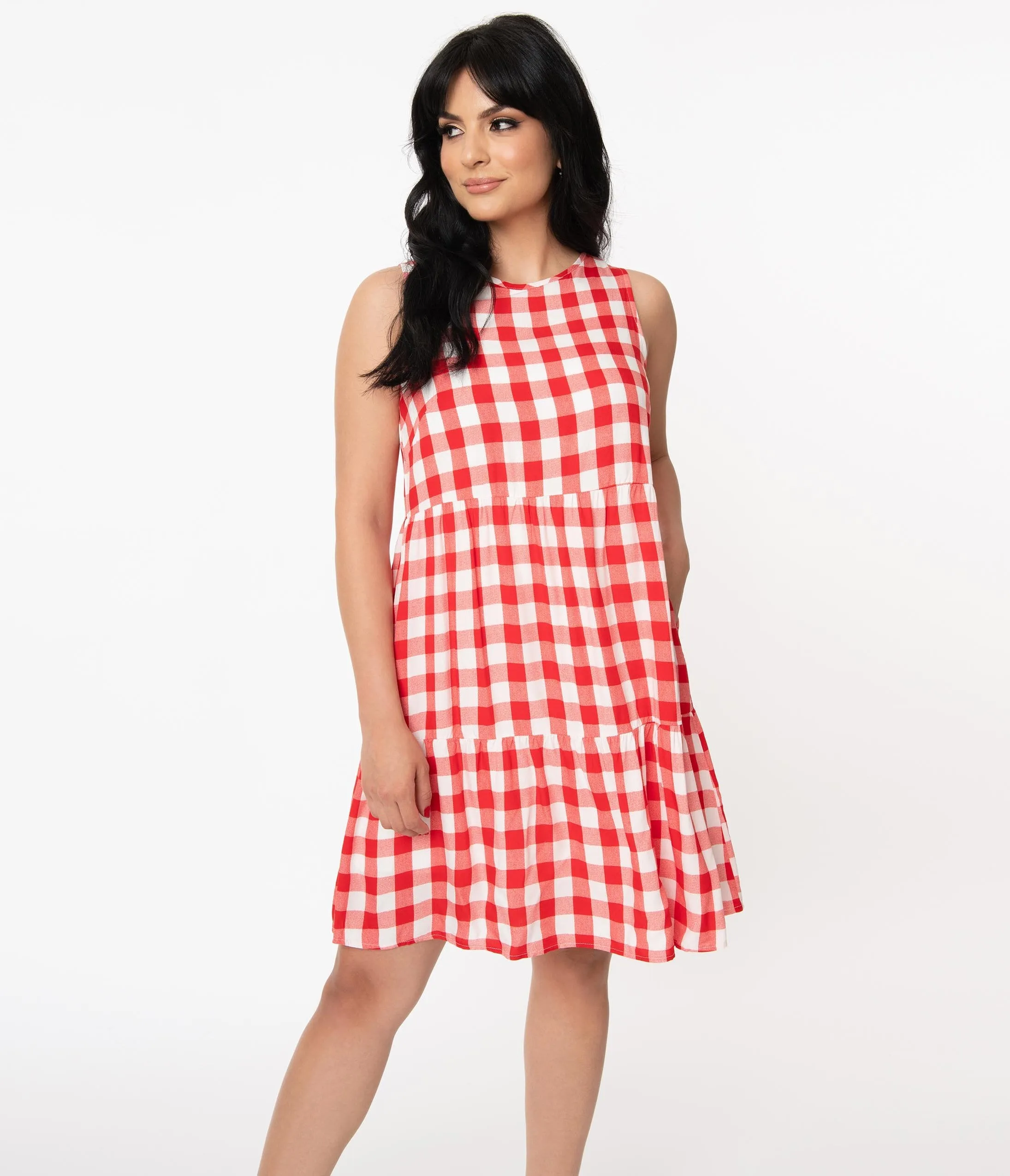 Red & White Gingham Casual Tunic Dress
