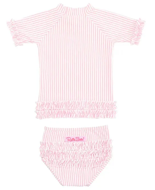 RuffleButts Pink Seersucker Ruffled Rash Guard Bikini