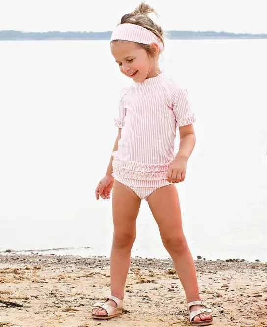RuffleButts Pink Seersucker Ruffled Rash Guard Bikini
