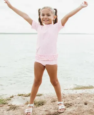 RuffleButts Pink Seersucker Ruffled Rash Guard Bikini