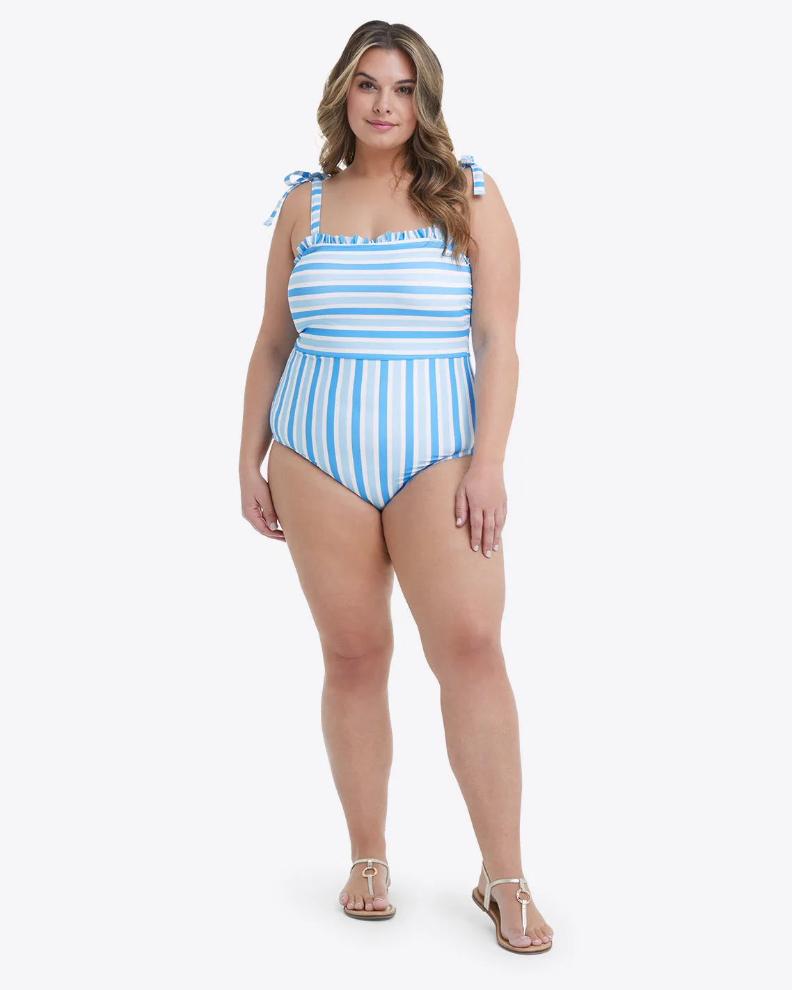 Ruffled One Piece Swimsuit in Awning Stripe