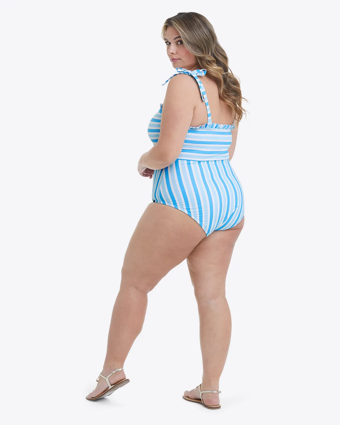 Ruffled One Piece Swimsuit in Awning Stripe