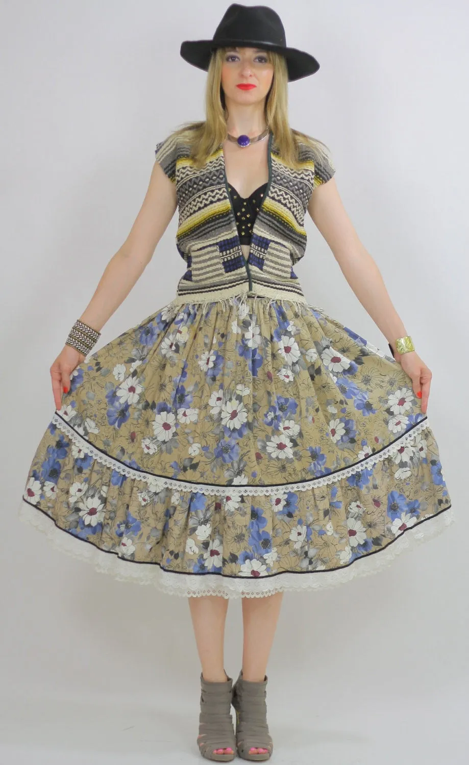 Tiered floral skirt boho hippie knee length