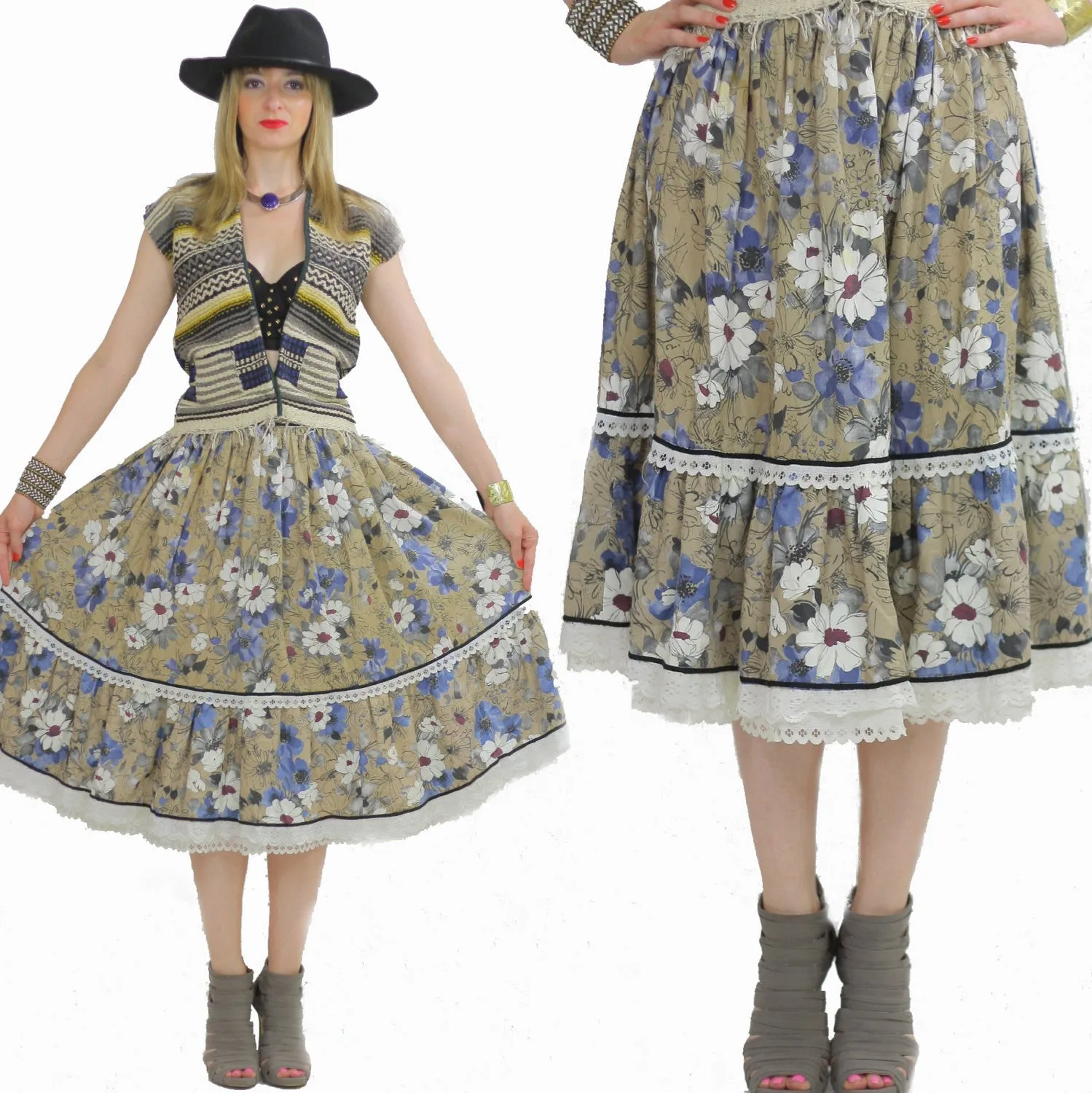 Tiered floral skirt boho hippie knee length